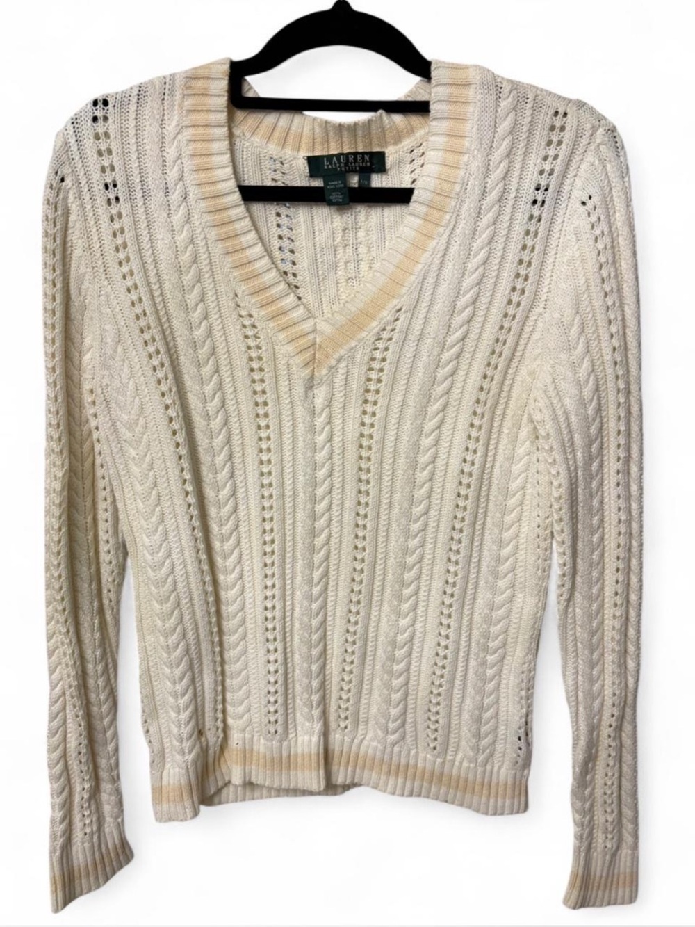 Ralph Lauren Cream Cable-Knit V-Neck Sweater with Tan Trim